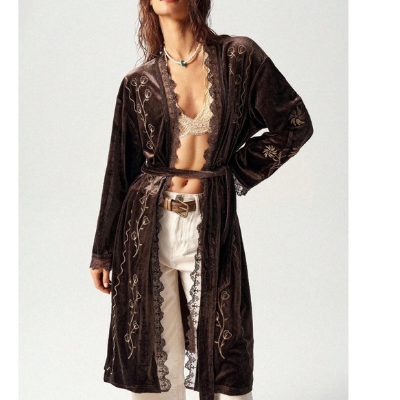 Luxe Brown Floral Embroidered Lace Belted Loose Fit Duster Jacket Shacket - Picture 3 of 7